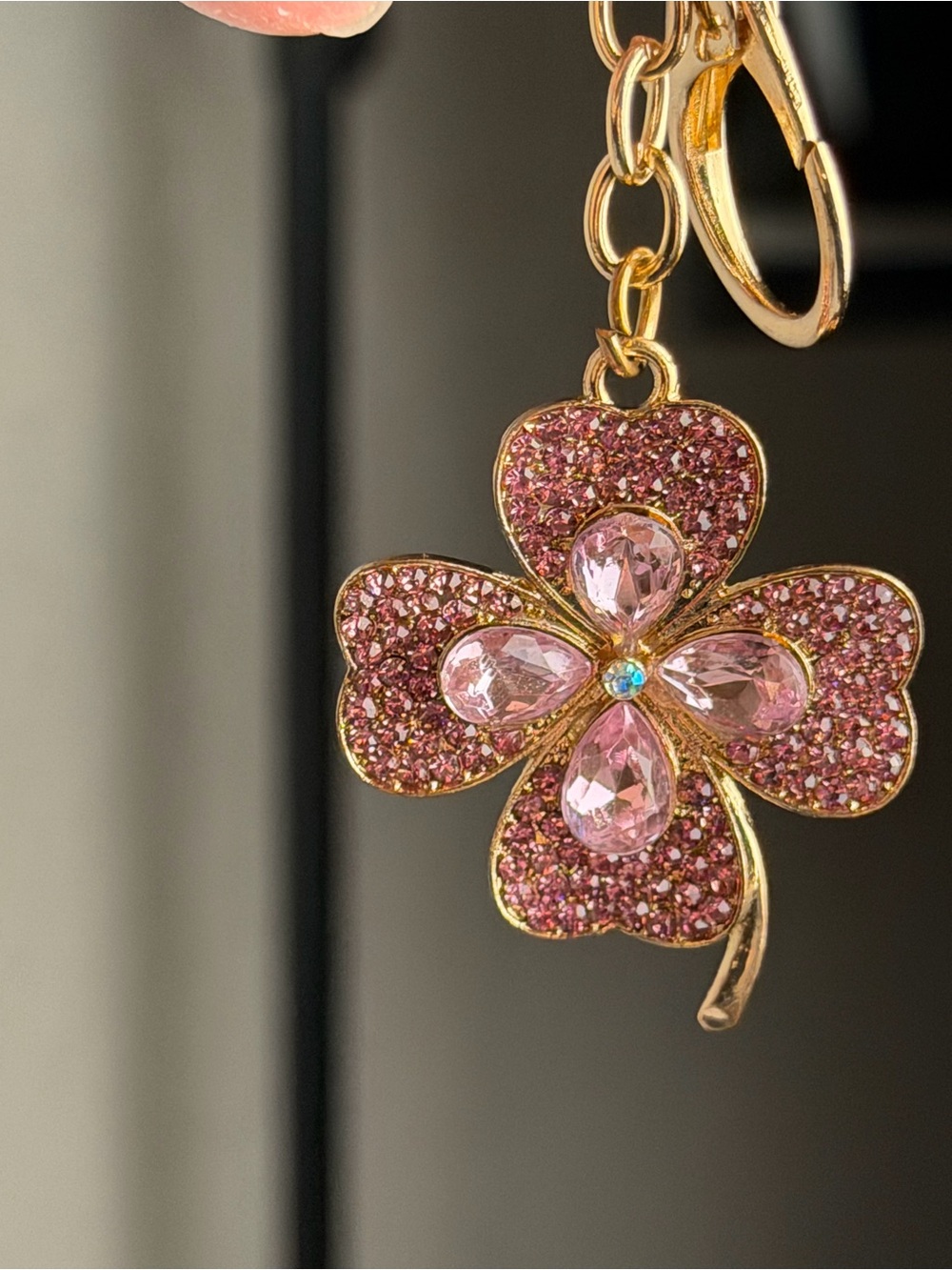 Gold-Tone Pink Clover Crystal Keychain Pendant